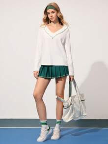 SHEIN Sports Women's Autumn/Winter Thermal Lined Contrast Color Ruffle V-Neck Loose Long Sleeve Casual Sports Tennis Shirt,Running White Tops For Daily Wear - White - View 6