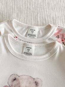 SHEIN 4件套 女童优雅浅粉色花卉蝴蝶结小熊印花圆领长袖上衣和紧身打底裤睡衣 - 彩色 - 查看 5