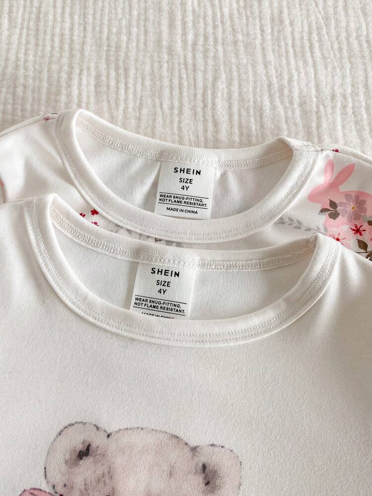 SHEIN 4pcs/Set Young Girls' Elegant White Autumn Fairy Family Matching Floral & Bow Bear Print Long Sleeve Top And Leggings Snug Fit Pajamas Lounge Set - Multicolor - View 5