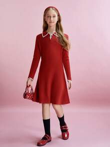 Tween Girls Colorblock Polo Collar Long Sleeve Sweater Dress - Red - View 3