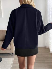 SHEIN PETITE 女士优雅露肩宽松高领双排扣羊毛夹克，秋冬常规外套 - 藏蓝色 - 查看 2