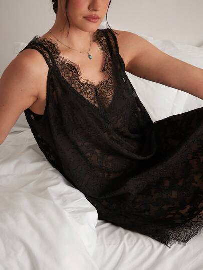 Freevana 大码透视V领蕾丝边无袖性感宽松连衣裙