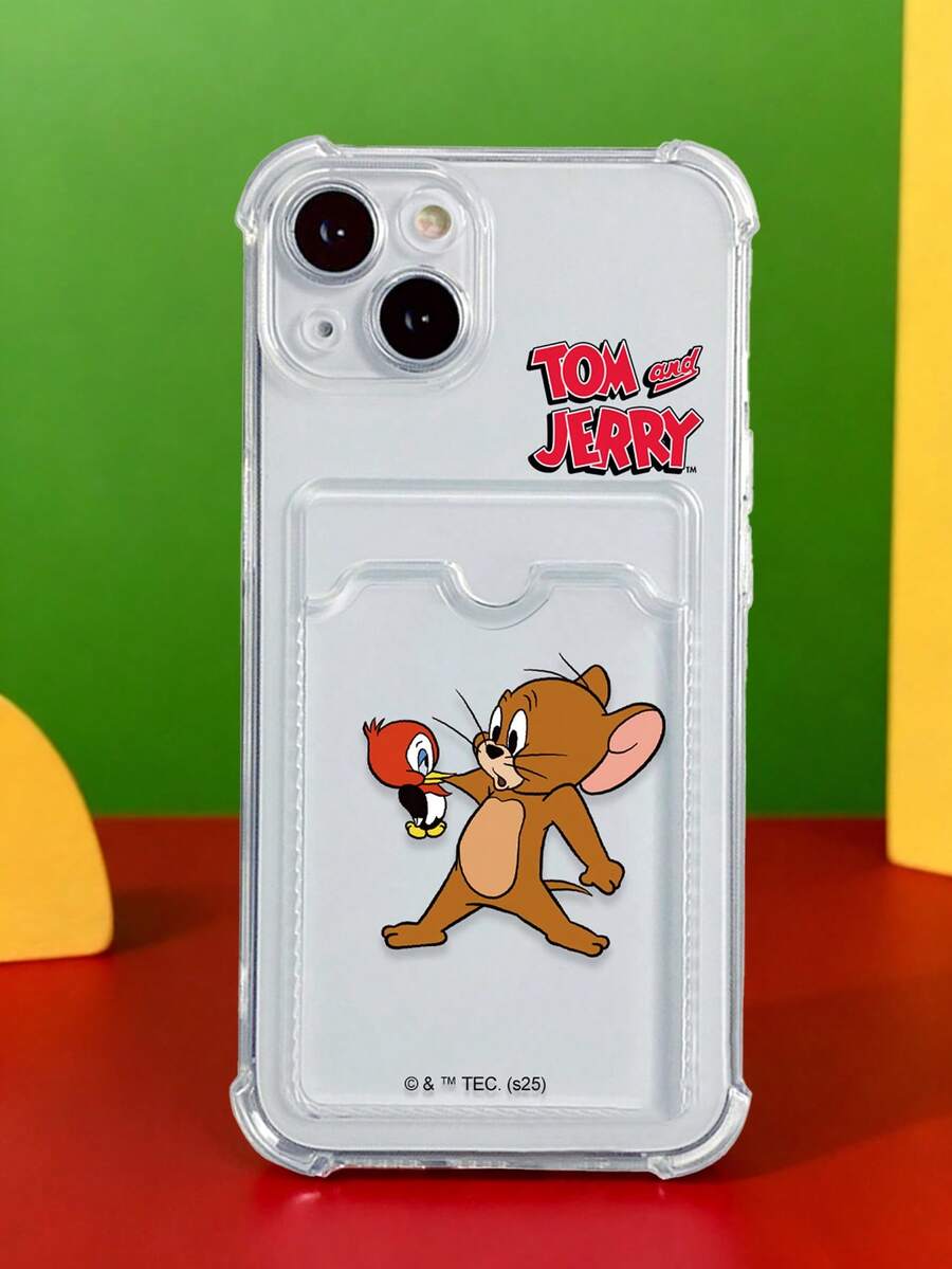 TOM & JERRY X SHEIN 透明卡槽手机壳,印有汤姆和杰瑞趣味图案,可爱卡通防摔保护套,小众设计手机壳 - 彩色 - 查看 1