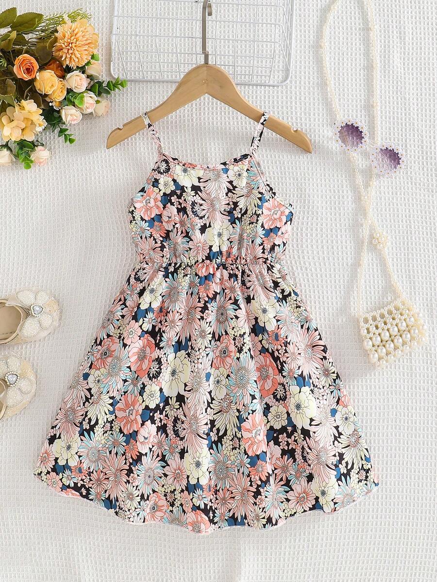 女童碎花印花休闲吊带裙 - 彩色 - 查看 1