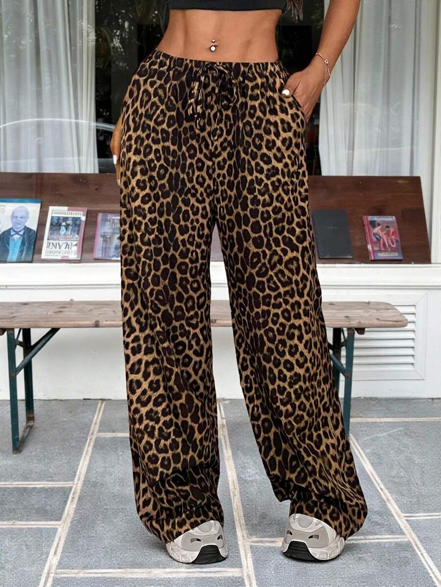 SHEIN EZwear Spring/Summer Casual Leopard Loose Straight Wide-Leg Pants For Street Style
