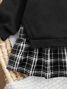 SHEIN 女童卡其色卫衣拼接格子裙卫衣连衣裙，复古时尚百搭休闲日常装 - 黑色 - 查看 4