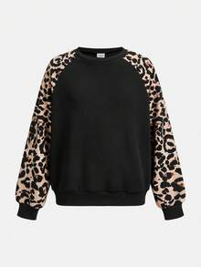 SHEIN Emery Rose Kids Tween-Mädchen Lässiger, minimalistischer und bequemer Rundhals-Pullover mit Leopardenmuster-Patchwork - Verschiedenfarbig - Übersicht 2