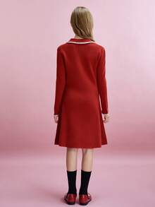 Tween Girls Colorblock Polo Collar Long Sleeve Sweater Dress - Red - View 2