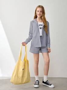 Tween Girls Striped Long Sleeve Shirt And Shorts Set - Navy Blue - View 3