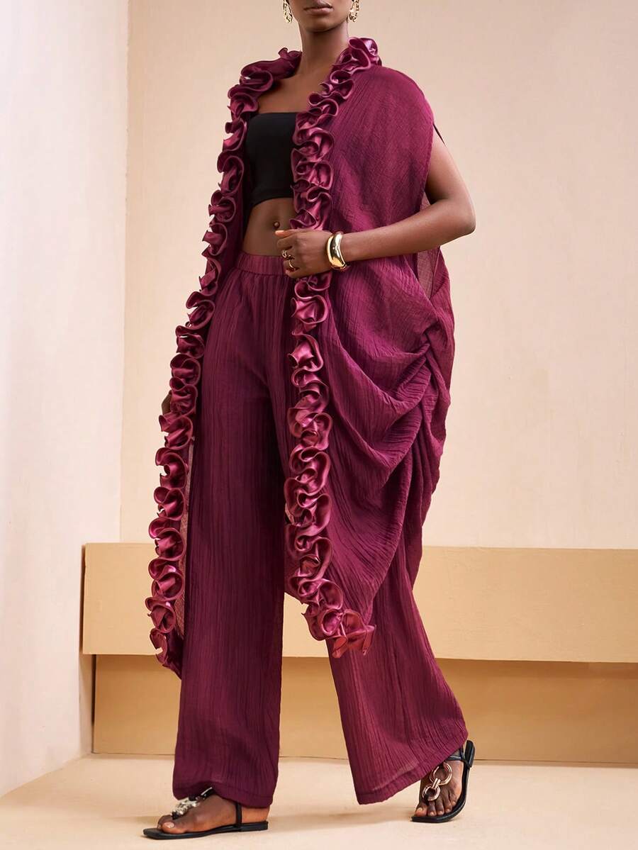 Zivah 2025秋冬季新年、情人节、派对、宴会、约会、生日派对、学院风、学生装、日常出行、百搭基础款、休闲、邮轮旅行、爆款、优雅、通勤、商务休闲、极简主义，开襟无袖侧褶不对称下摆斗篷上衣搭配宽松阔腿裤（带口袋），紫色竖条纹纹理面料，女士两件套