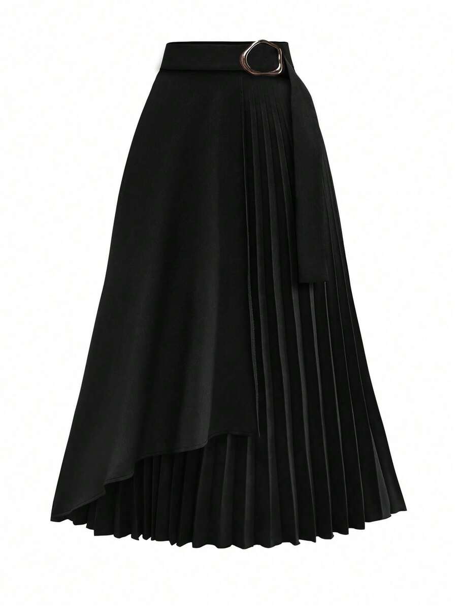 Modelyn Chân váy xếp ly chữ A họa tiết chắp vá bất đối xứng màu nâu cổ điển dành cho nữ - màu đen - Xem 1