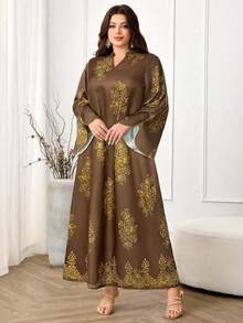 Al Najma Gaun Kasual Gaya Arab untuk Wanita Ukuran Besar, Busana Minimalis untuk Pakaian Sehari-hari yang Sopan - Coffee Brown - View 3
