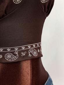 Amplova 大码女士时尚性感吊带刺绣背心 - 棕色 - 查看 9