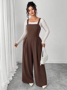 SHEIN Clasi Jumpsuit Kasual Longgar Berlipit Kaki Lebar untuk Wanita Ukuran Plus - Coklat - View 4