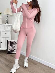 SHEIN EZwear Women's Yoga Sports Contrast Stitch Stand Collar Slim Fit Jacket And Leggings Set, Pink - Pink - View 4