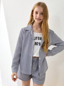 Tween Girls Striped Long Sleeve Shirt And Shorts Set - Navy Blue - View 5