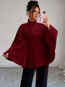 SHEIN Elenzya 优雅大码女士针织羊毛大衣，适合秋冬季穿着 - 紅色 - 查看 3