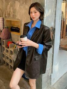 DAZY 女士纯色休闲PU皮夹克，韩版皮夹克女式外套 - 黑色 - 查看 4