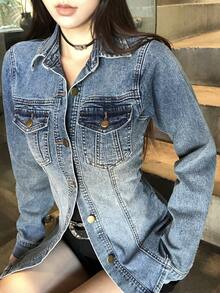 DAZY 女士休闲做旧牛仔衬衫，街头风长袖 - 藍色 - 查看 4