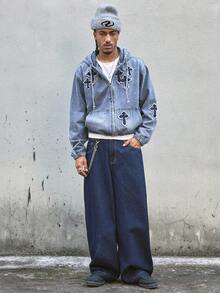 AXEPEAK Men's Washed Applique Embroidery Denim Jacket, Aqua Blue Autumn Streetwear City Break High-End Cross Jean Jacket, Grunge, Urban, Work - Blue - View 5