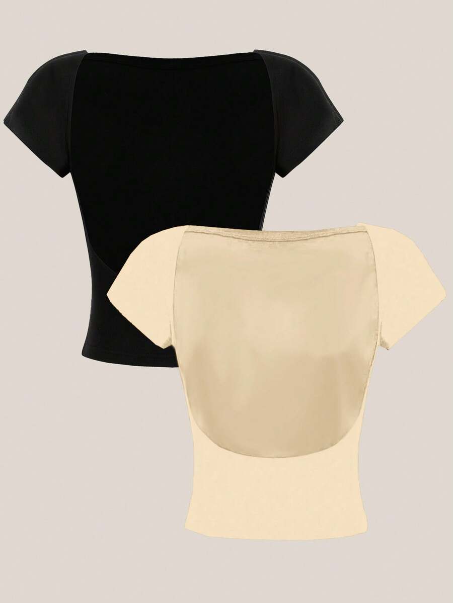SHEIN EZwear 2件/套露背黑色圆领短袖紧身露脐女式T恤，适合夏季，复古风格，百搭，学院风，返校季，派对，聚会 - 彩色 - 查看 1