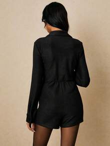 Poéselle Women's Casual Commuter Button-Up Long Sleeve Jumpsuit, Autumn - Black - View 2