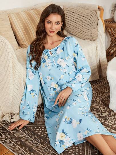 Serenescape 女士时尚印花泡泡袖系带睡裙，冬季，宽松睡衣印花睡袍，女士蓝色睡衣，女士睡袍，夏季女士睡裙