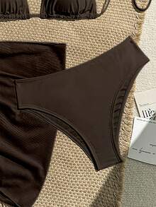 Swim Vcay 3pcs/Set Solid Color Bikini Swimsuit, Vacation Beach Brown Bathing Suit Women Bikini Set High Waist Brown Two Piece Set Women Brown Bikini Set Two Piece Beach Set - Coffee Brown - View 4