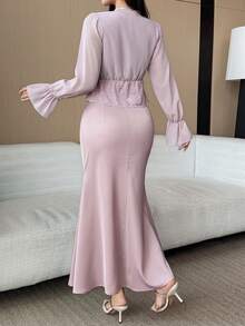 DAZY Women's Elegant Solid Color Long Sleeve Shirt & Skirt 2-Piece Set - Purple - View 6