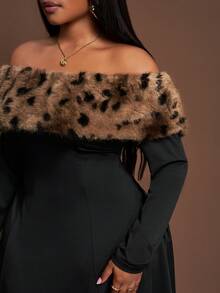 Veslaya 2025 New Autumn/Winter Faux Fur Patchwork Off Shoulder Long Sleeve A-Line Dress, Suitable For Party, Outing, Daily Wear, Gathering, Nightclub Plus Size Black Dress Curvy Black Dress Black Off Shoulder Dress Plus Size Leopard Trim Dress Black Skater Dress - Black - View 7