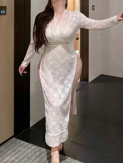 Vibekara 春夏秋三季蕾丝拼接花卉透视V领长袖紧身连衣裙，性感开衩长裙舞者服装内衣