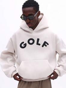 SUMWON 常规款男士米白色套头连帽衫，胸前印有黑色大号高尔夫文字标志，长袖，中央口袋，休闲款 - 杏色 - 查看 4