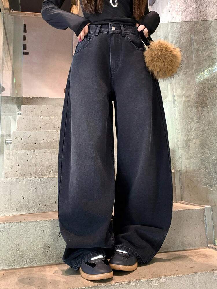 Women's Rhinestone Decor English Casual Loose Wide-Leg Jeans, Korean Style Street Fashion