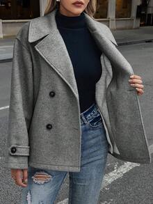 EMERY ROSE 女士休闲翻领双排扣宽松羊毛大衣，秋季 - 灰色 - 查看 6