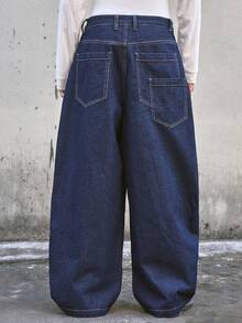 AXEPEAK 男士纯色休闲深蓝色牛仔裤 - 藍色 - 查看 1