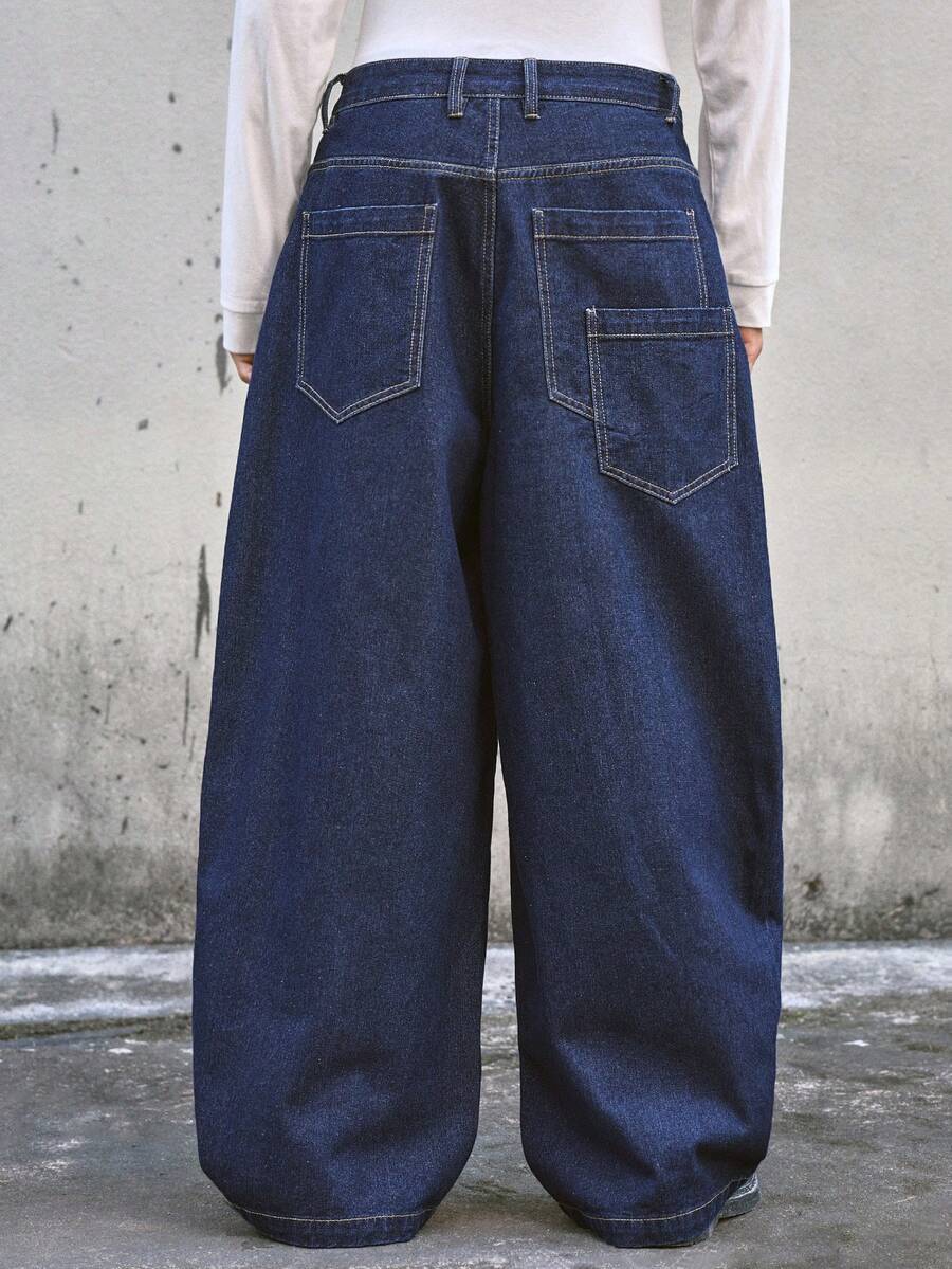 AXEPEAK 男士纯色休闲深蓝色牛仔裤 - 藍色 - 查看 1