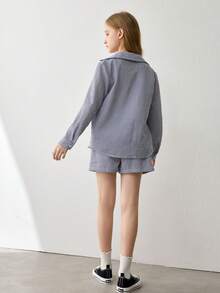 Tween Girls Striped Long Sleeve Shirt And Shorts Set - Navy Blue - View 2
