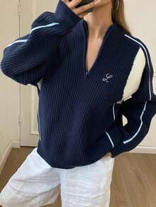 DAZY Women's Patchwork Contrast Color Embroidery Loose Stand Collar Long Sleeve Casual Street Knit Sweater, Autumn/Winter - Navy Blue - View 5