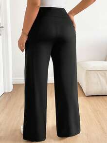 SHEIN 大码孕妇弹力腰带口袋休闲舒适裤 - 黑色 - 查看 2