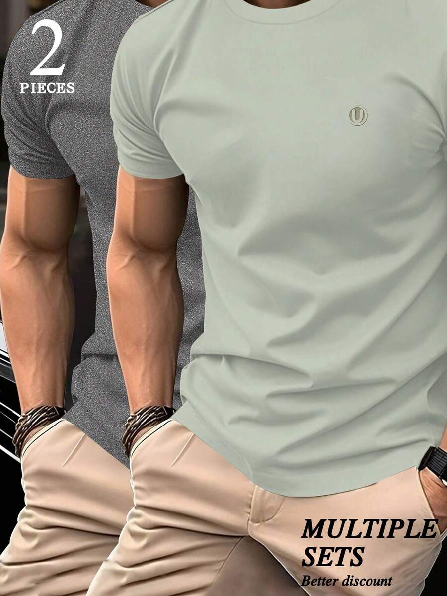 Manfinity Homme 2 chiếc áo thun nam cổ tròn tay ngắn tối giản thường ngày, đa năng cho mùa hè - màu xanh lá - Xem 1