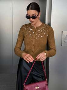 SHEIN Frenchy 新款奢华亮片开衫外套，灰色，秋冬款 - 棕色 - 查看 5