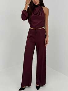 Aloruh Women's Burgundy Autumn 2 Pieces Set Solid Color Turtleneck Asymmetric Loose Top And Wide Leg Pants,Seksi Chic Night Out Business Casual Outfits - Dusty Purple - View 3