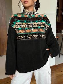 SHEIN EZwear 秋冬女式动物几何印花落肩羊毛衫、长袖上衣