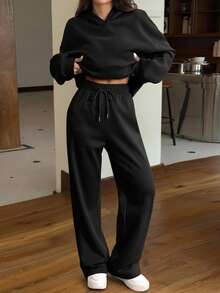 Muchica Bộ 2 món/Bộ áo hoodie lót nhiệt thường ngày cho nữ và quần dài, Thu/Đông - màu đen - Xem 3