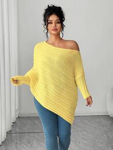 Elenzga Plus Size Asymmetrical Gigot Sleeve Loose Knit Sweater, Solid Color, Shoulder Exposed, Winter - Light Yellow - View 6