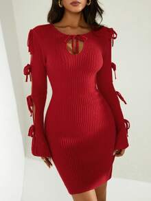 Chiquease Sexy Bow V-Neck Fitted Knit Dress - Red - View 1