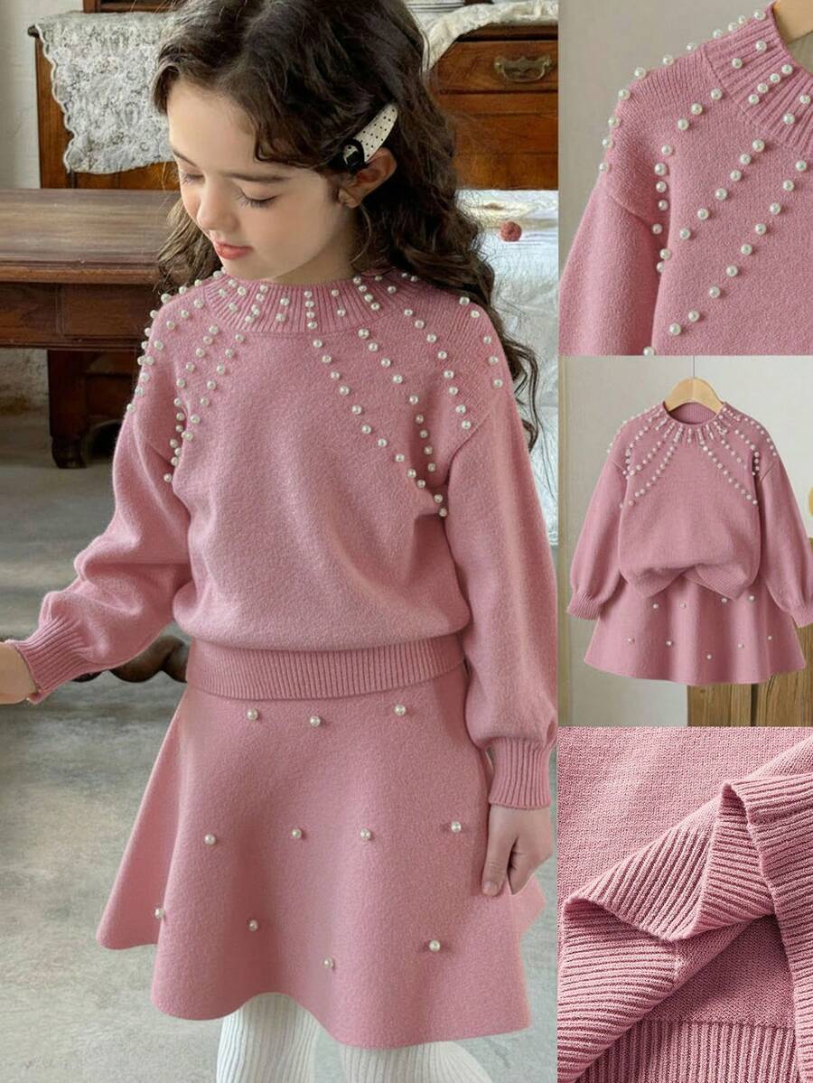 LMoss Kids مجموعة كنزة صوفية ضيقة بياقة طاقم ذات لون أحادي وتنورة قصيرة للفتاة الصغيرة، 2 قطعة - وردي - مشاهدة 1