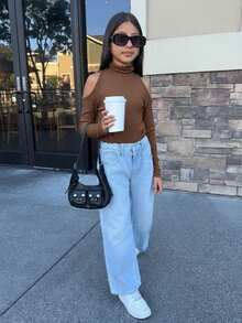 SHEIN Tween Girl Casual Solid Color Hollow Out Long Sleeve Tight Fit T-Shirt,Brown,Autumn,City Break Vacation Suitable For All Seasons - Brown - View 3