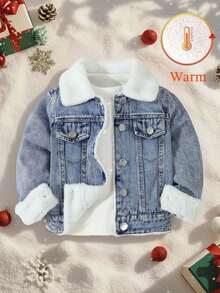 SHEIN Kurtka jeansowa dla chłopca, wygodna, swobodna, termiczna, podszyta, jesień/zima