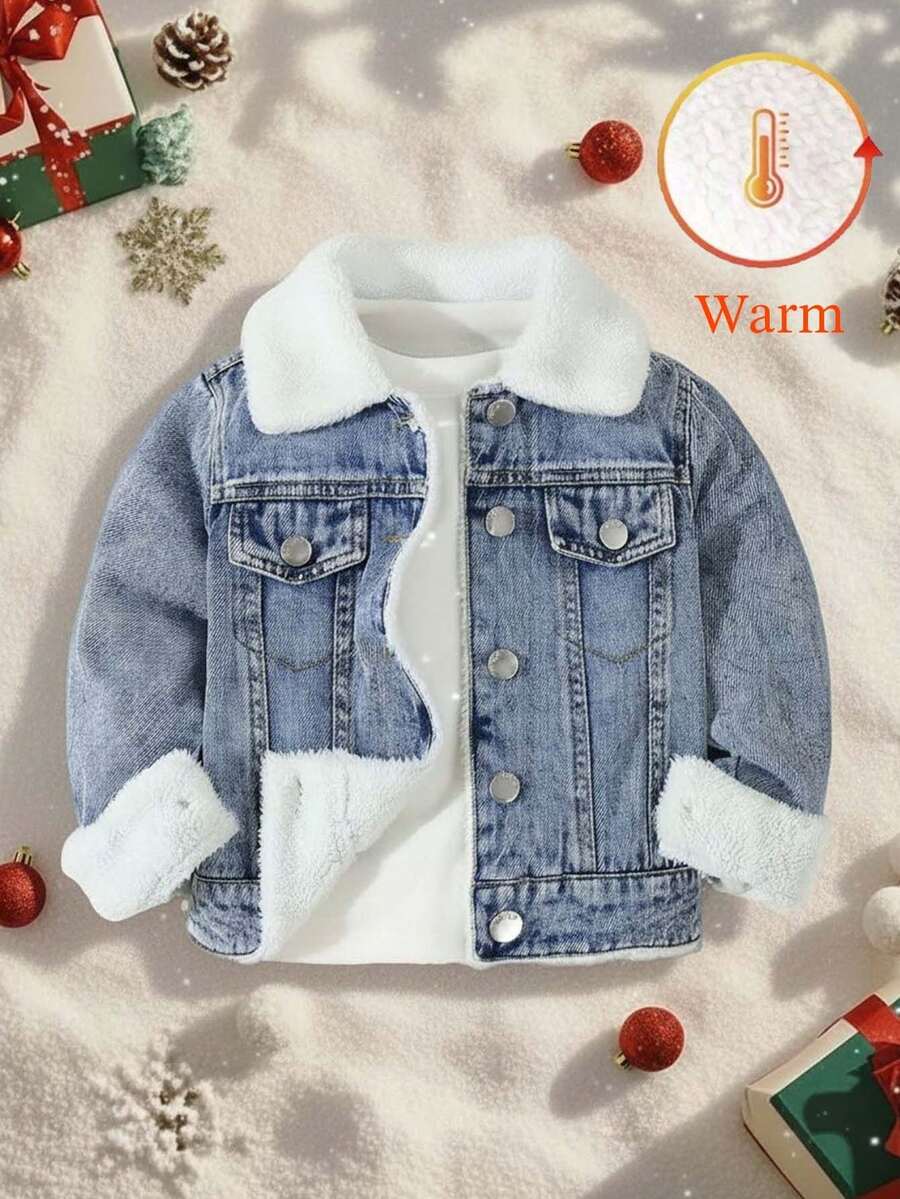 SHEIN Kurtka jeansowa dla chłopca, wygodna, swobodna, termiczna, podszyta, jesień/zima